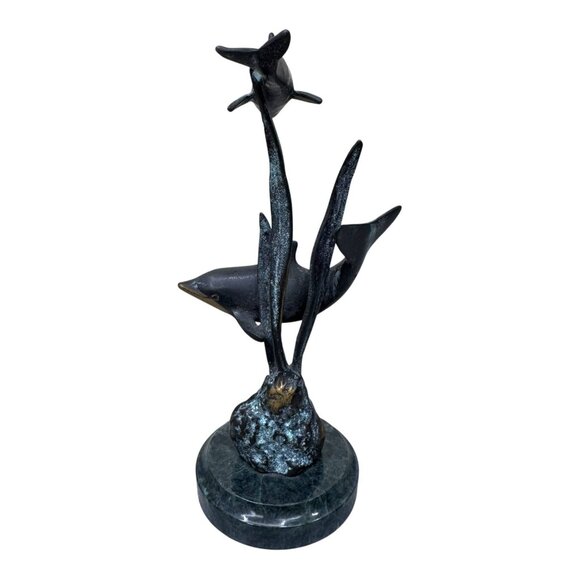 Vintage SPI Bronze Dolphin Sculpture On Marble By San Pacific Intl Coastal Beach - Picture 2 of 8